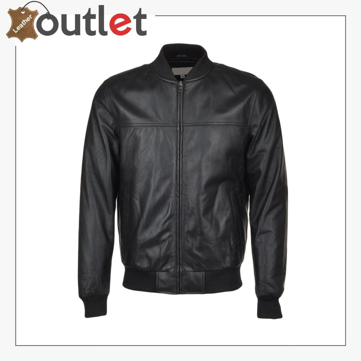 Slim fit black leather bomber jacket for men, front view
