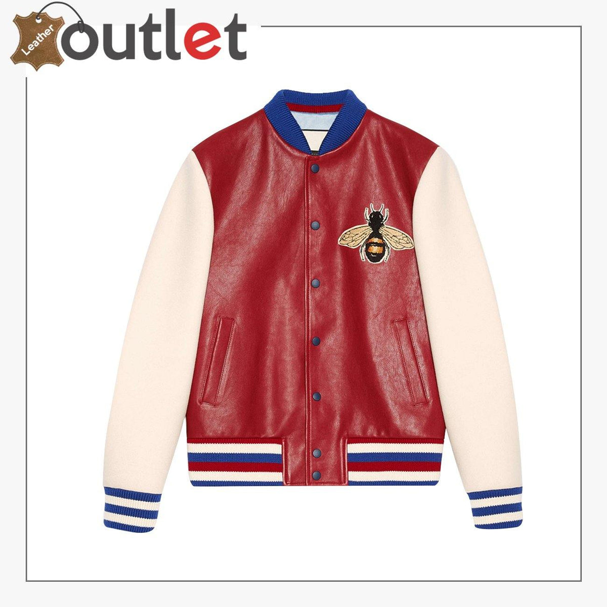 Leather bomber jacket with embroidery, front view with ribbed collar