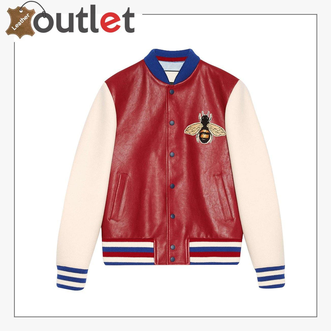 Leather Bomber Jacket with Embroidery - Leather Outlet
