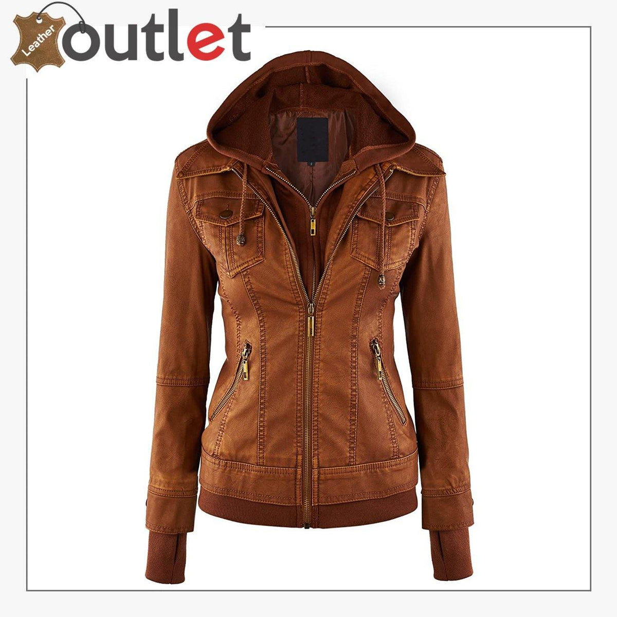 Womens black leather moto biker jacket with zip front, front view