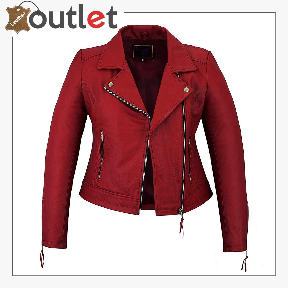 Womens black real leather moto jacket, front view