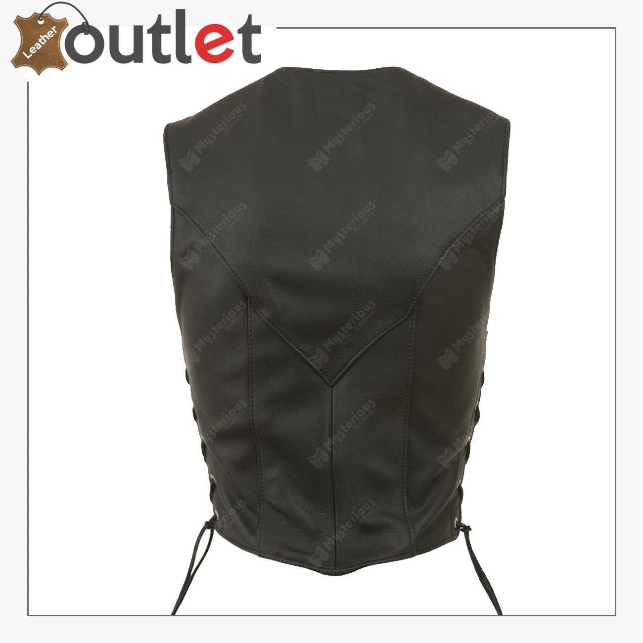 MEN’S MOTORCYCLE BIKER RED VEST GENUINE COWHIDE LEATHER BLACK