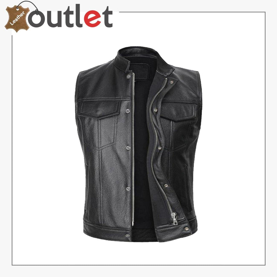 Leather Biker Vest Men's Genuine Cow Leather Motorcycle Waistcoat