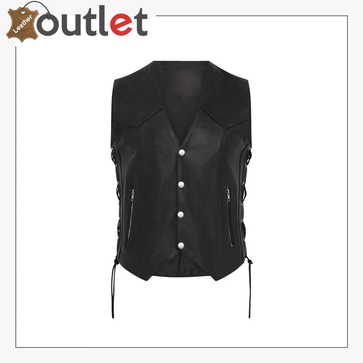 Lace up black leather motorcycle waistcoat for men, front view