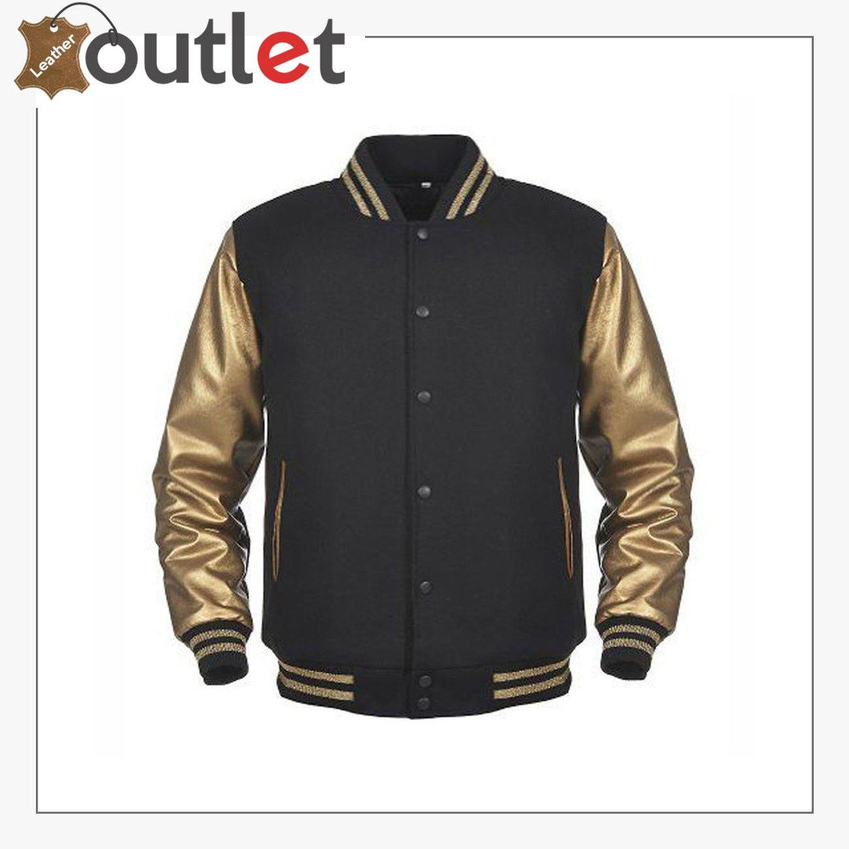 Lettermen college wool varsity jacket with contrast leather sleeves, front view