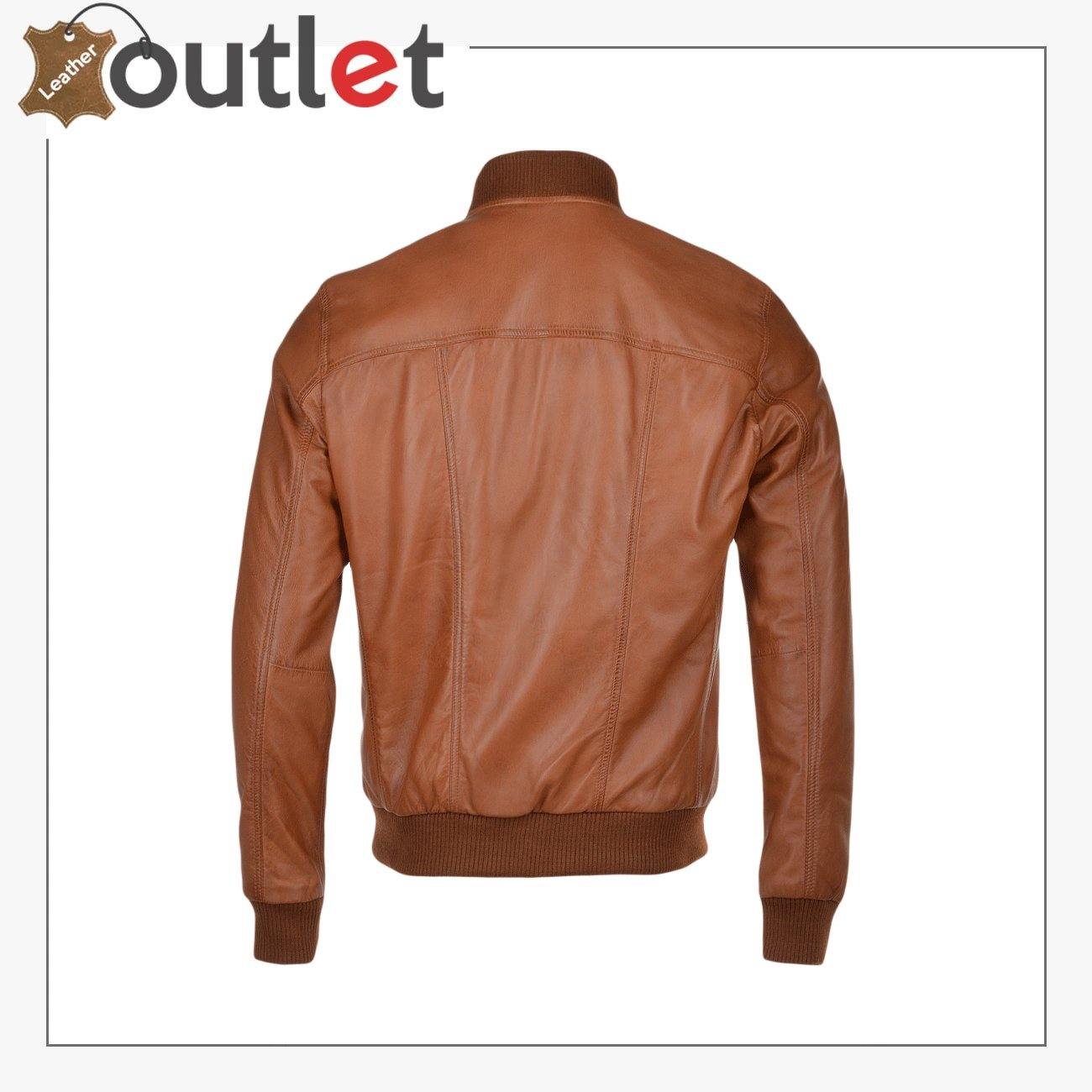 Light Brown Leather Bomber Jacket - Leather Outlet