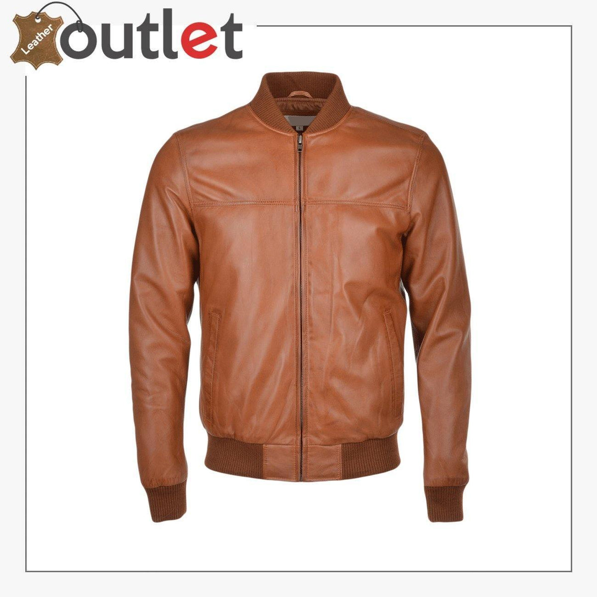 Light brown leather bomber jacket with vintage tan finish, front view