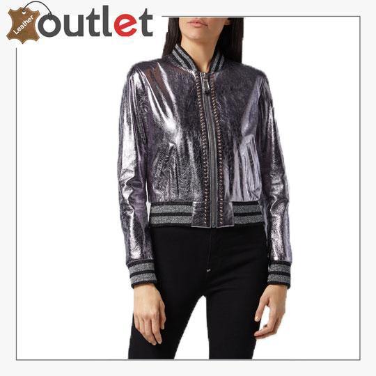 Pink Metallic Bomber Studded Biker Jacket - Leather Outlet