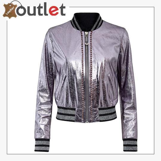 Pink metallic studded bomber biker jacket, front view