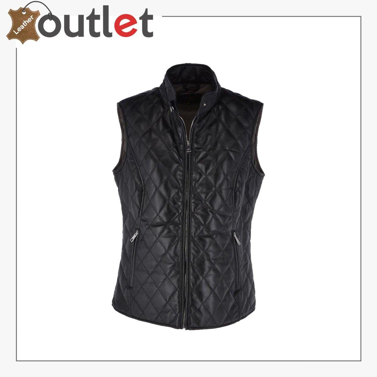 Diamond quilted black leather gilet vest for women, front view