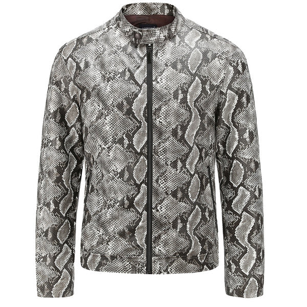 Handmade mens python print leather jacket with embossed snake grain