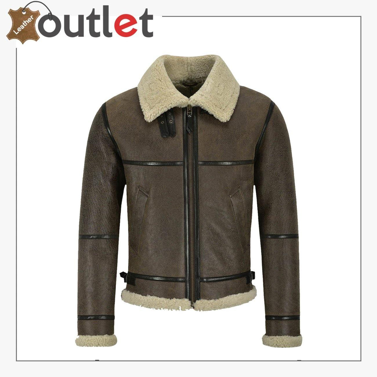 Men B3 brown air force shearling leather jacket with twin buckle collar, front view