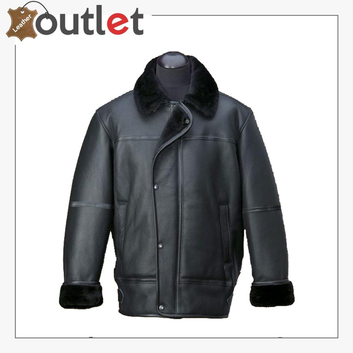 Men black aircraft shearling leather jacket in real sheepskin, front view
