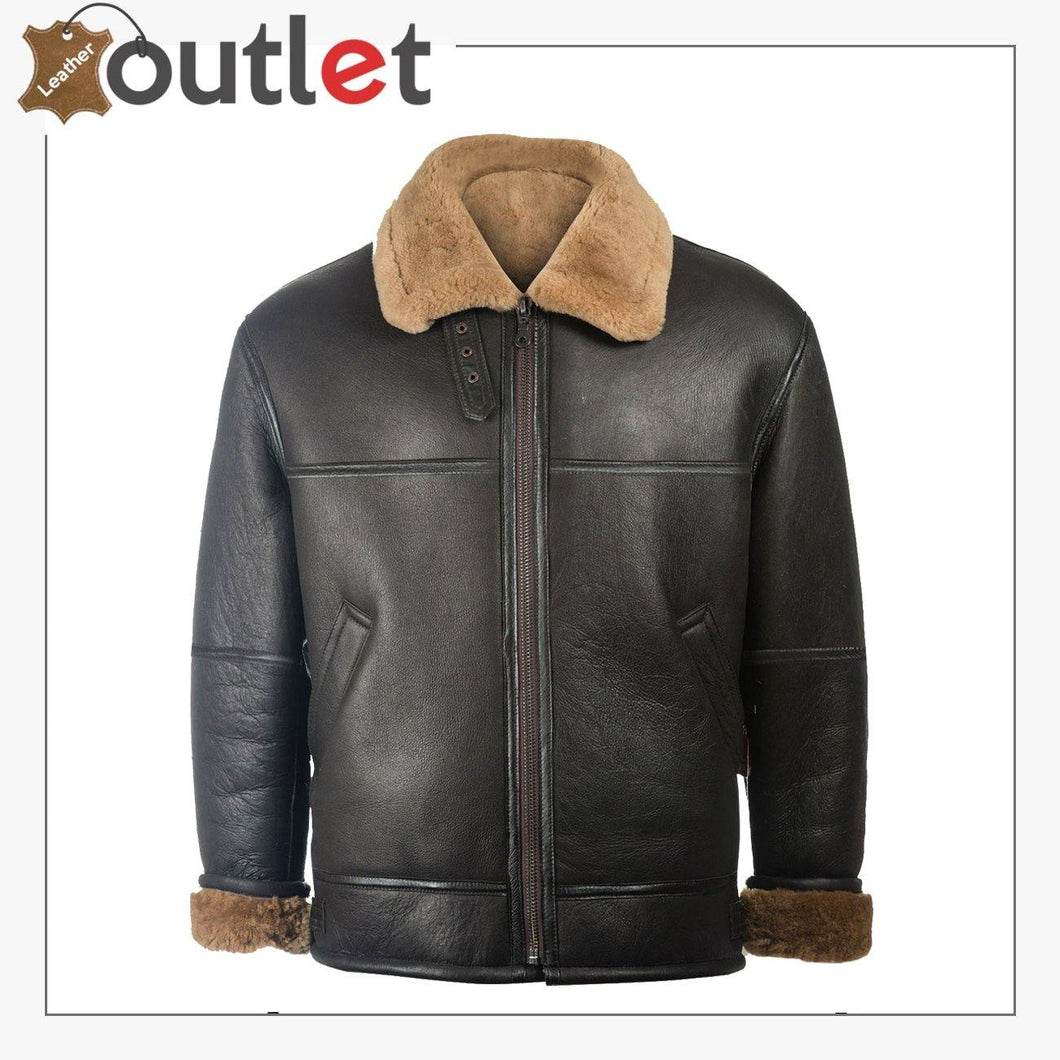 Men Black Aviator Leather Shearling Jacket