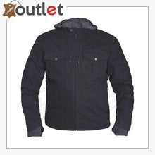 Load image into Gallery viewer, MENS BLACK DENIM MOTORCYCLE JACKET
