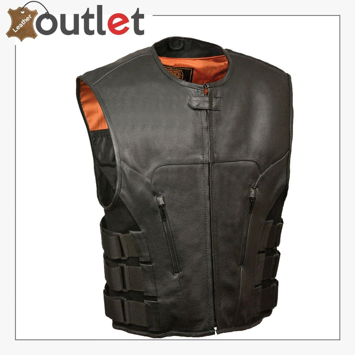 Black leather vest for men with adjustable waist belts, front zip view