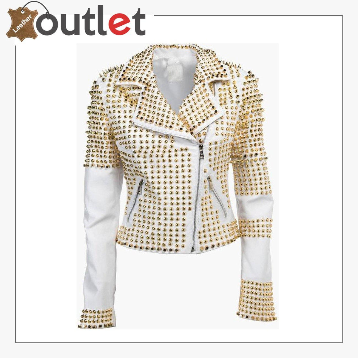Steampunk golden studded punk leather jacket in black with brass tone studs, front view