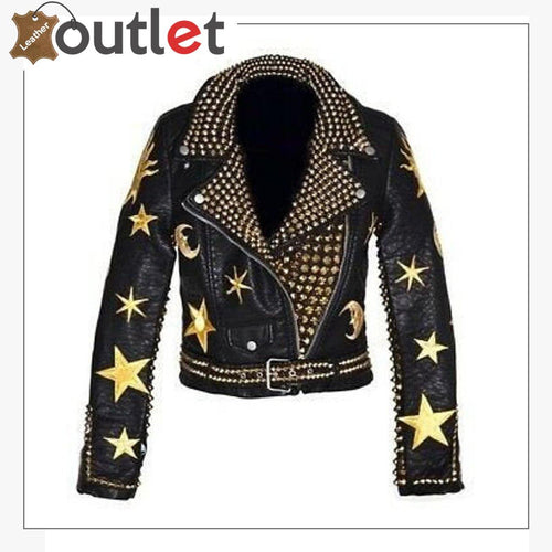 Men Biker Zipper Golden Studded Leather Jacket - Leather Outlet