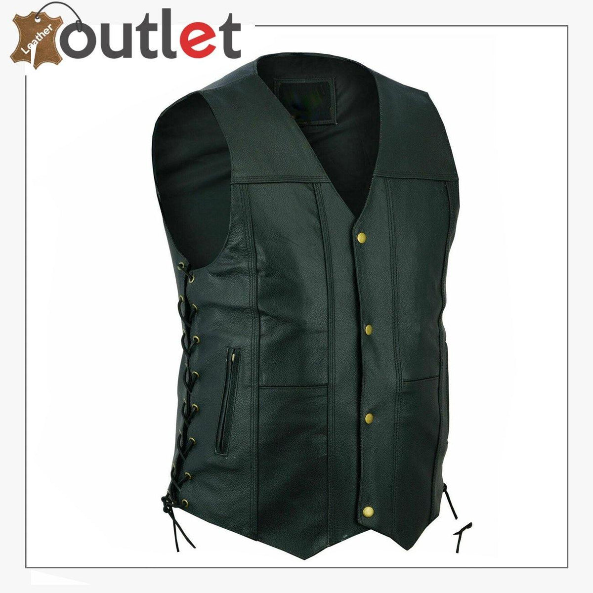 Men black genuine leather vest with adjustable side laces, front view