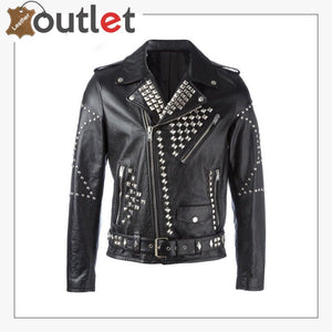 Men Classic Sliver Studded Leather Motorcycle Jacket - Leather Outlet