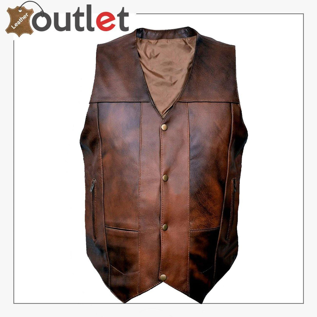 Two tone brown leather club vest for men, snap front view