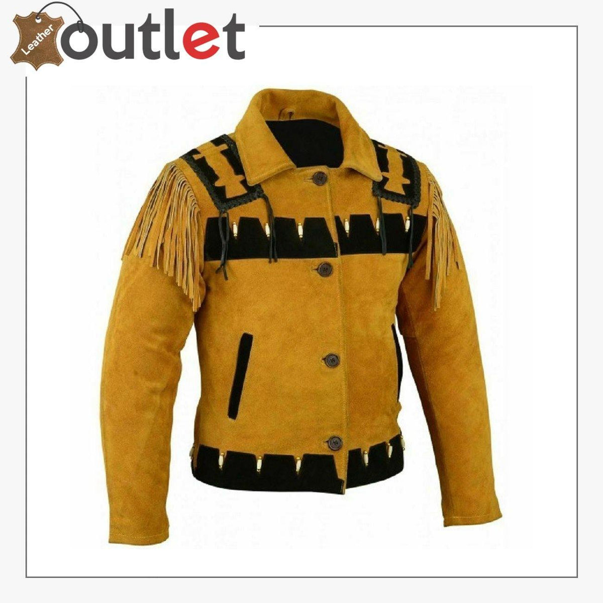 Men golden brown suede western cowboy jacket, front view with snap front