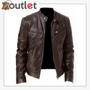 Men Real Vintage Cafe Racer New Brown Handmade Genuine Leather Jacket - Leather Outlet