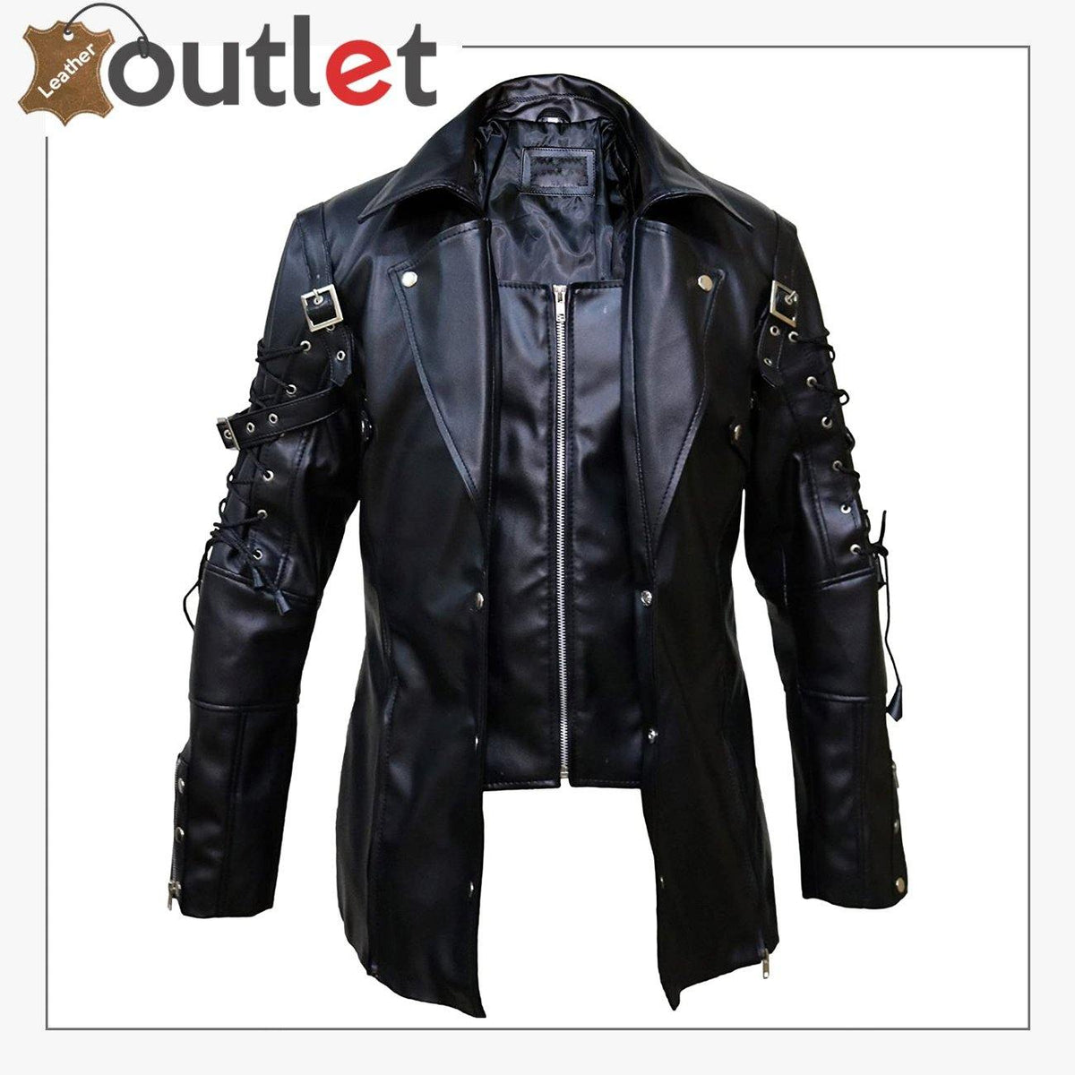 Men simple silver studded black leather jacket, front view with zip closure