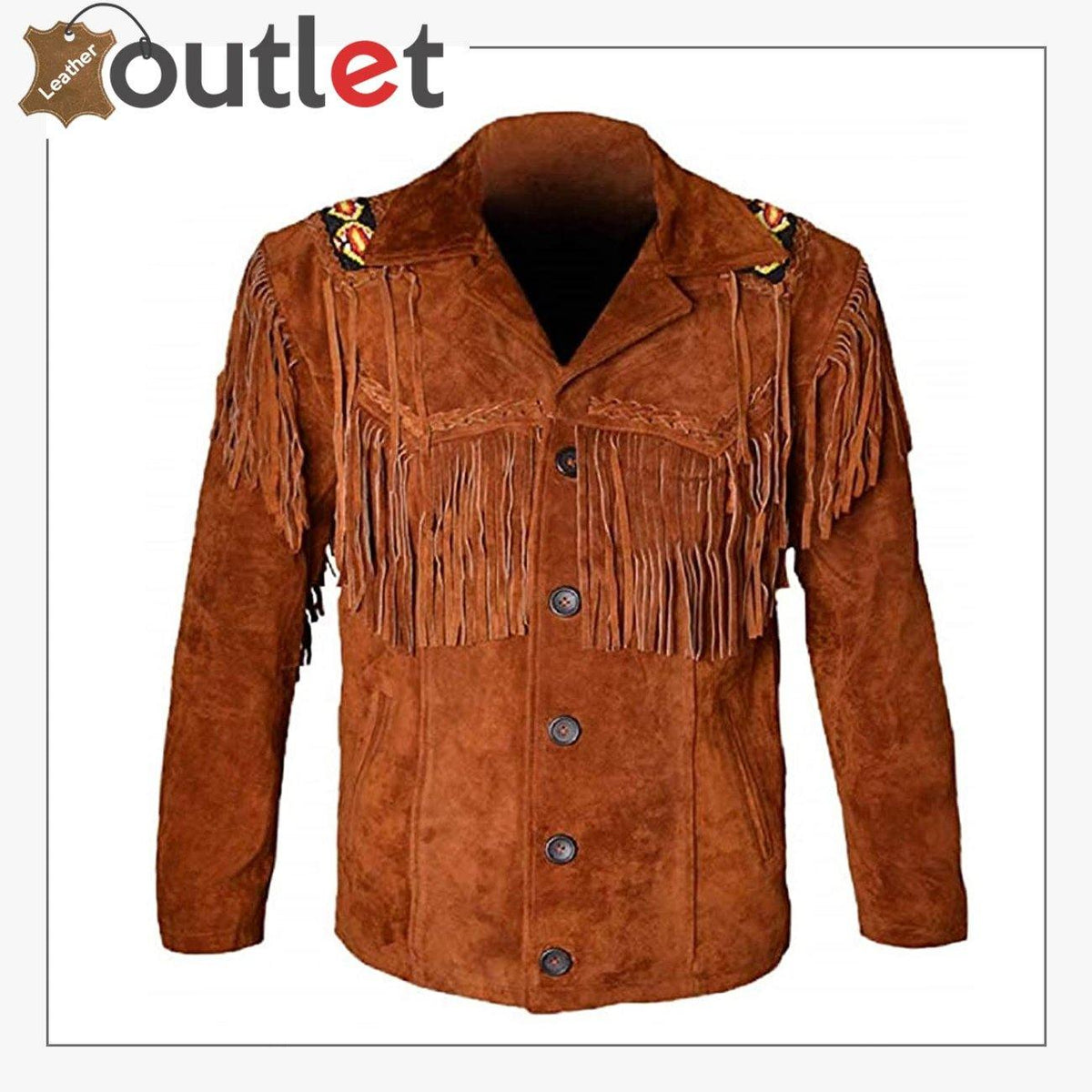 Men western leather coat with fringe and beadwork in brown, front view