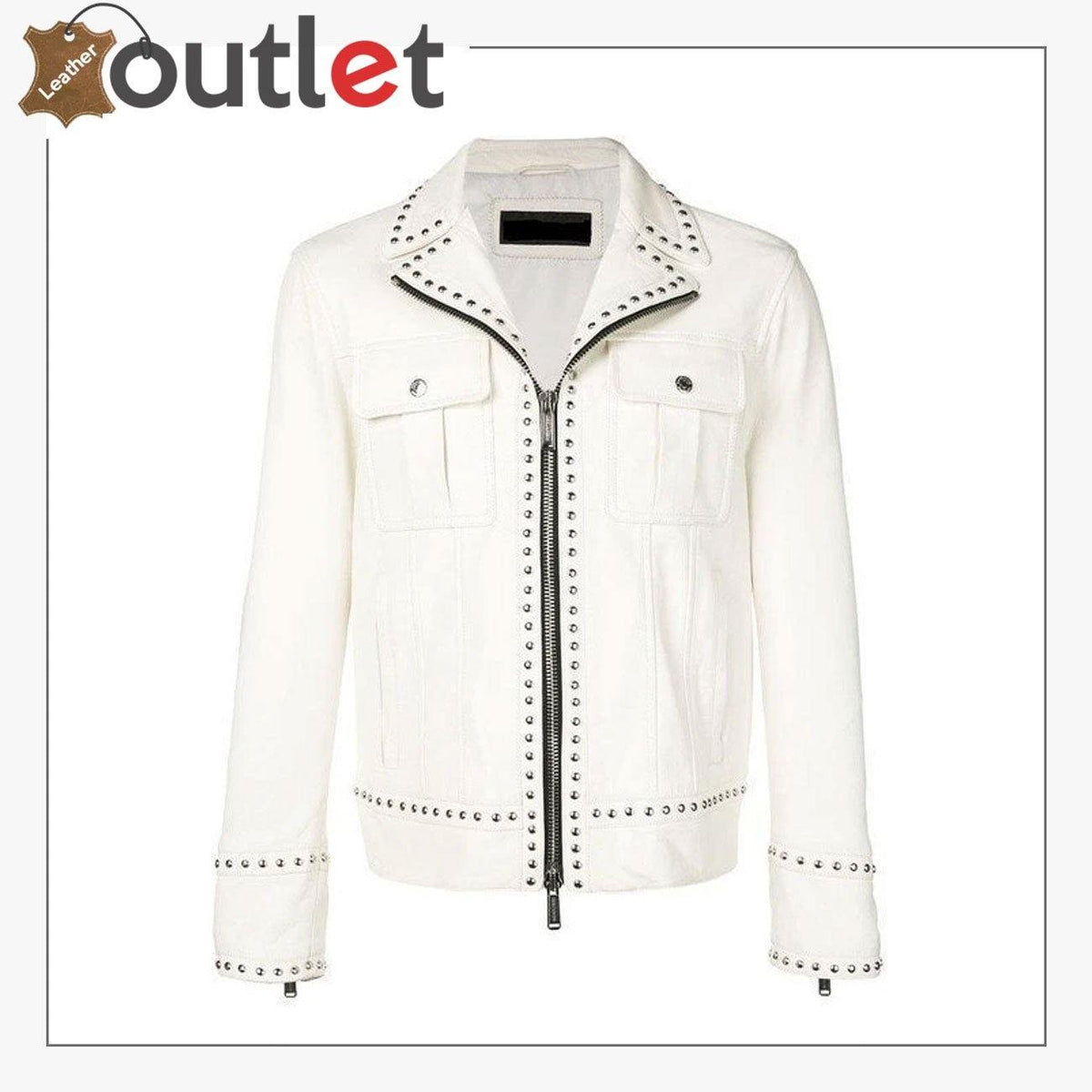 Men white studded real leather biker jacket, front view