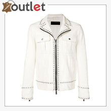 Load image into Gallery viewer, Men White Studded Leather Jacket, Motorcycle Fashion Leather Jackets
