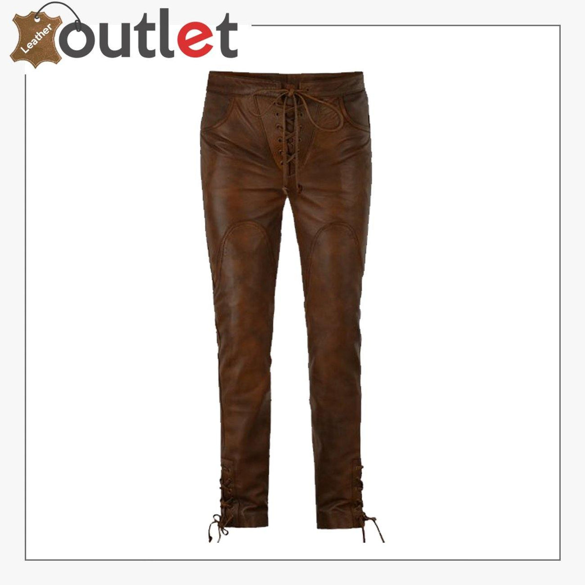 Mens black cowboy lace up leather pants with side lacing, front view