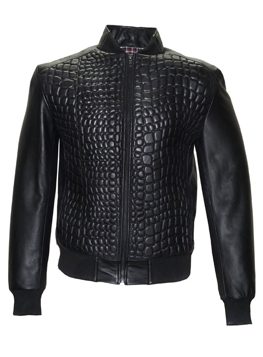 Mens croc embossed quilted leather bomber jacket in black