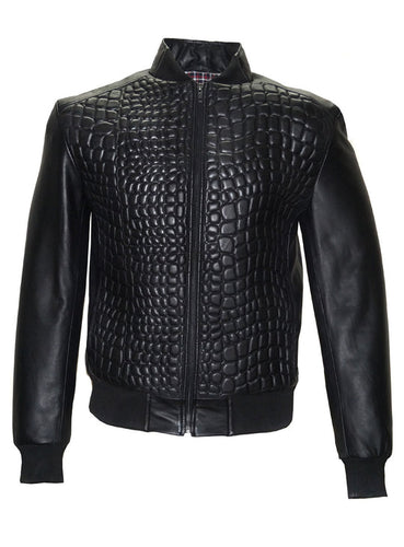 Men Crocodile Quilted Leather Bomber Jacket Leather Outlet