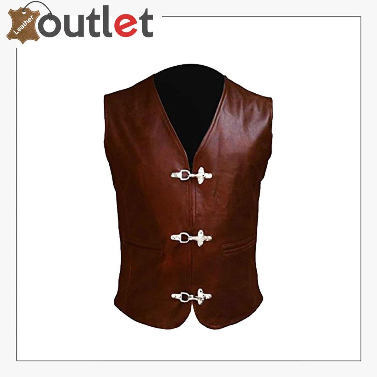 Mens handmade brown soft milled cow leather vest, front view