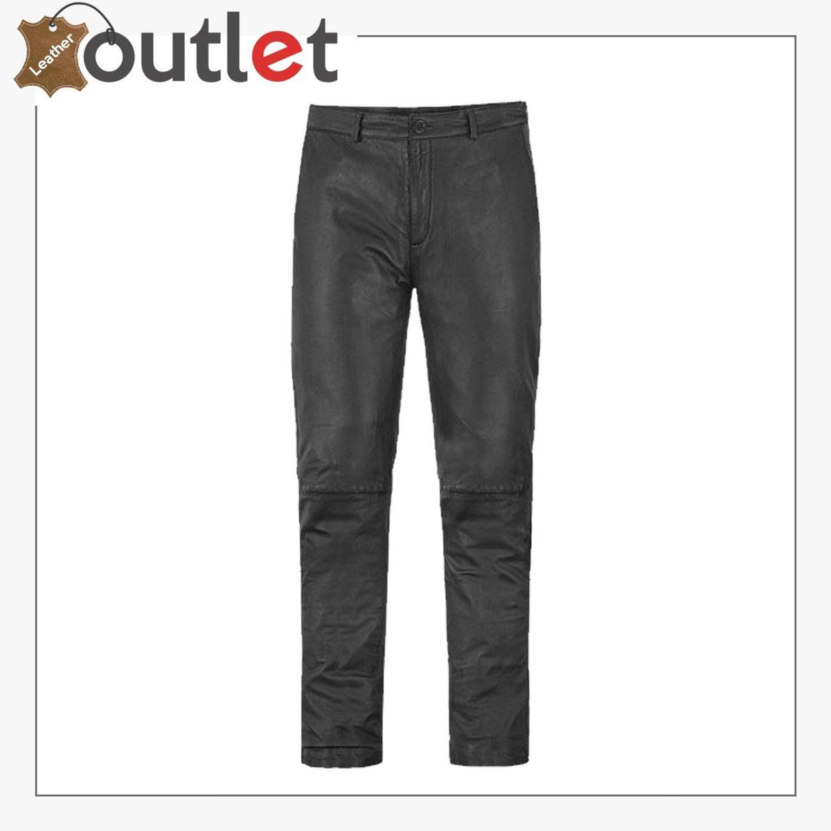 Men black real leather trousers with five pocket jeans cut, front view