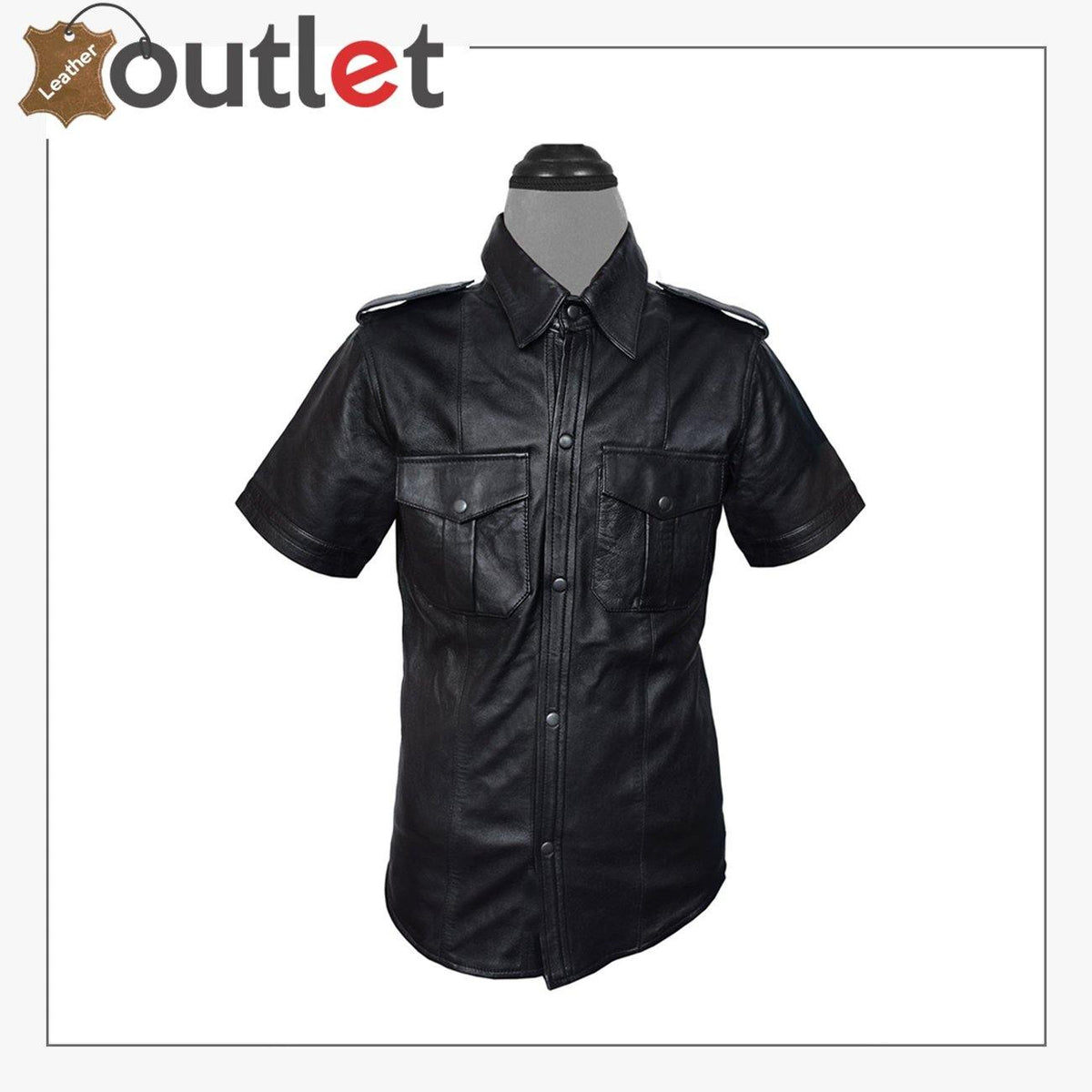 Mens premium sheep leather police style shirt with epaulettes, front view