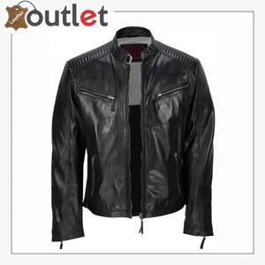 Men's Black Vintage Biker Style Waxed Sheep Skin Fashion Jacket - Leather Outlet