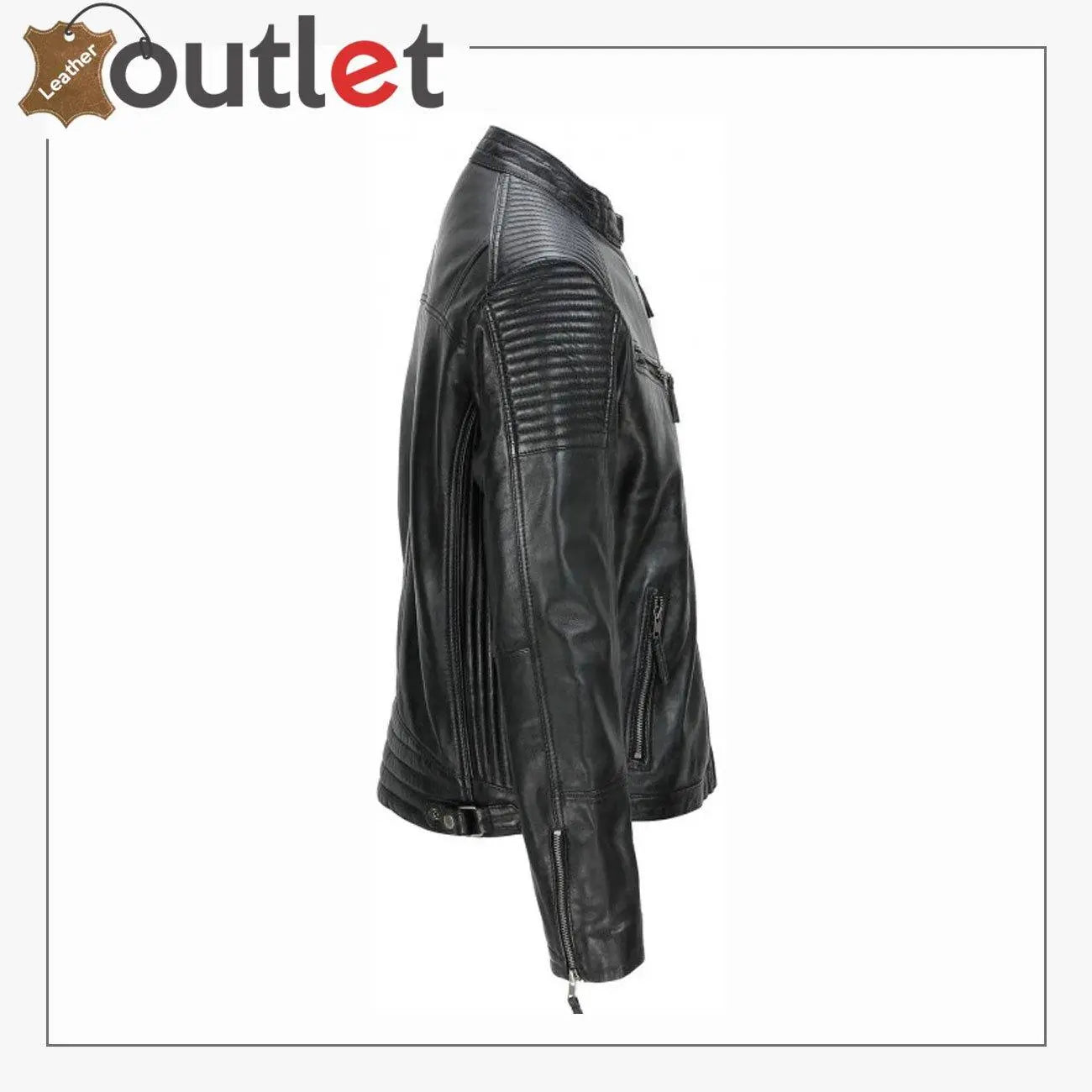 Men's Black Vintage Biker Style Waxed Sheep Skin Fashion Jacket - Leather Outlet