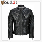 Men's Black Vintage Biker Style Waxed Sheep Skin Fashion Jacket - Leather Outlet