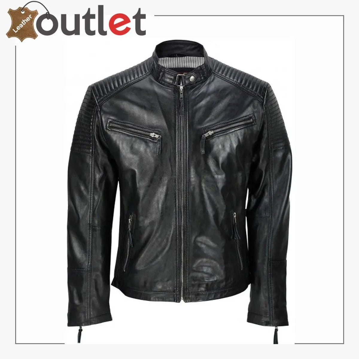 Men's black vintage biker style waxed sheep skin jacket, front view with asymmetric zip