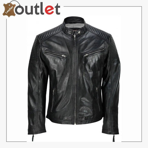Men's Black Vintage Biker Style Waxed Sheep Skin Fashion Jacket - Leather Outlet