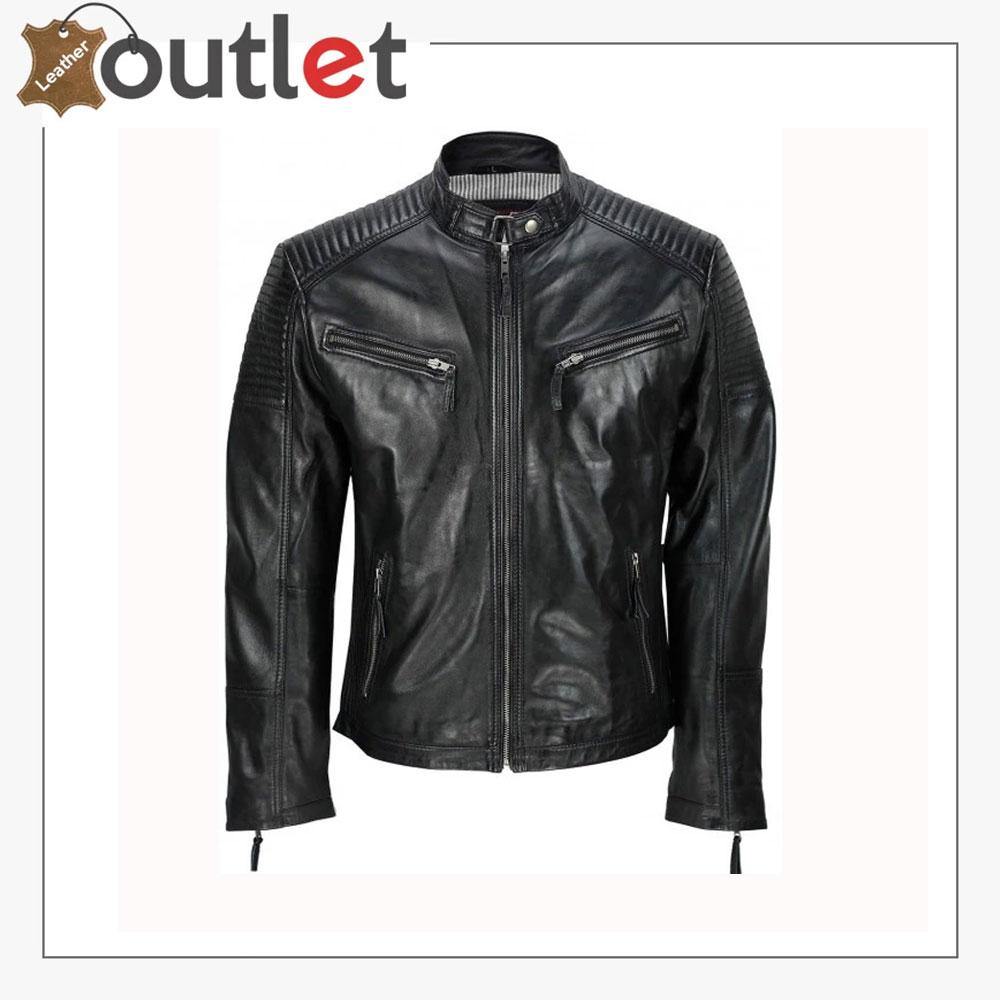 Men's Black Vintage Biker Style Waxed Sheep Skin Fashion Jacket