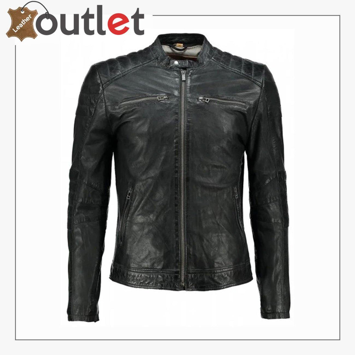 Men's black washed waxy sheepskin leather jacket with padded structured shoulders, front view