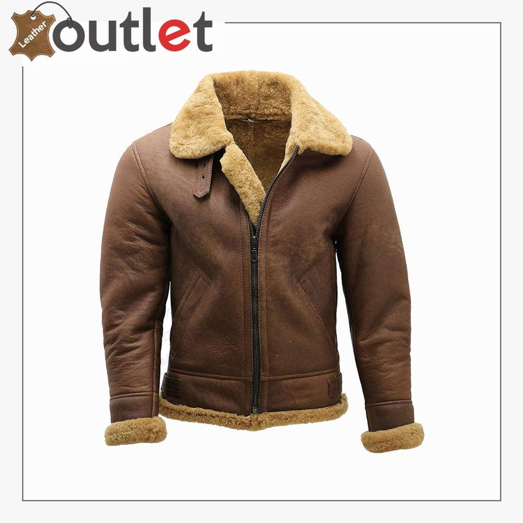 Men's Brown B3 Shearling Sheepskin WW2 Bomber Leather Flying Aviator Jacket - Leather Outlet