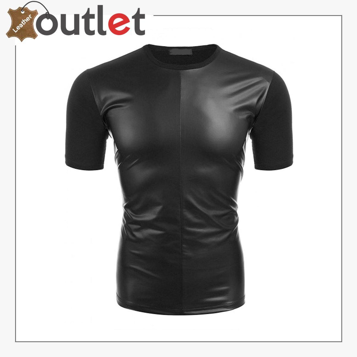 Men's leather look short sleeve t-shirt in black, fitted cut, front view