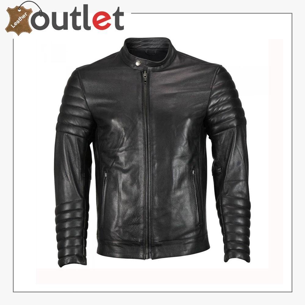 Mens moto leather jacket with snap down collar and zip front