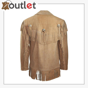 Men's New Beige Western Native American Suede Cow Leather Jacket - Leather Outlet
