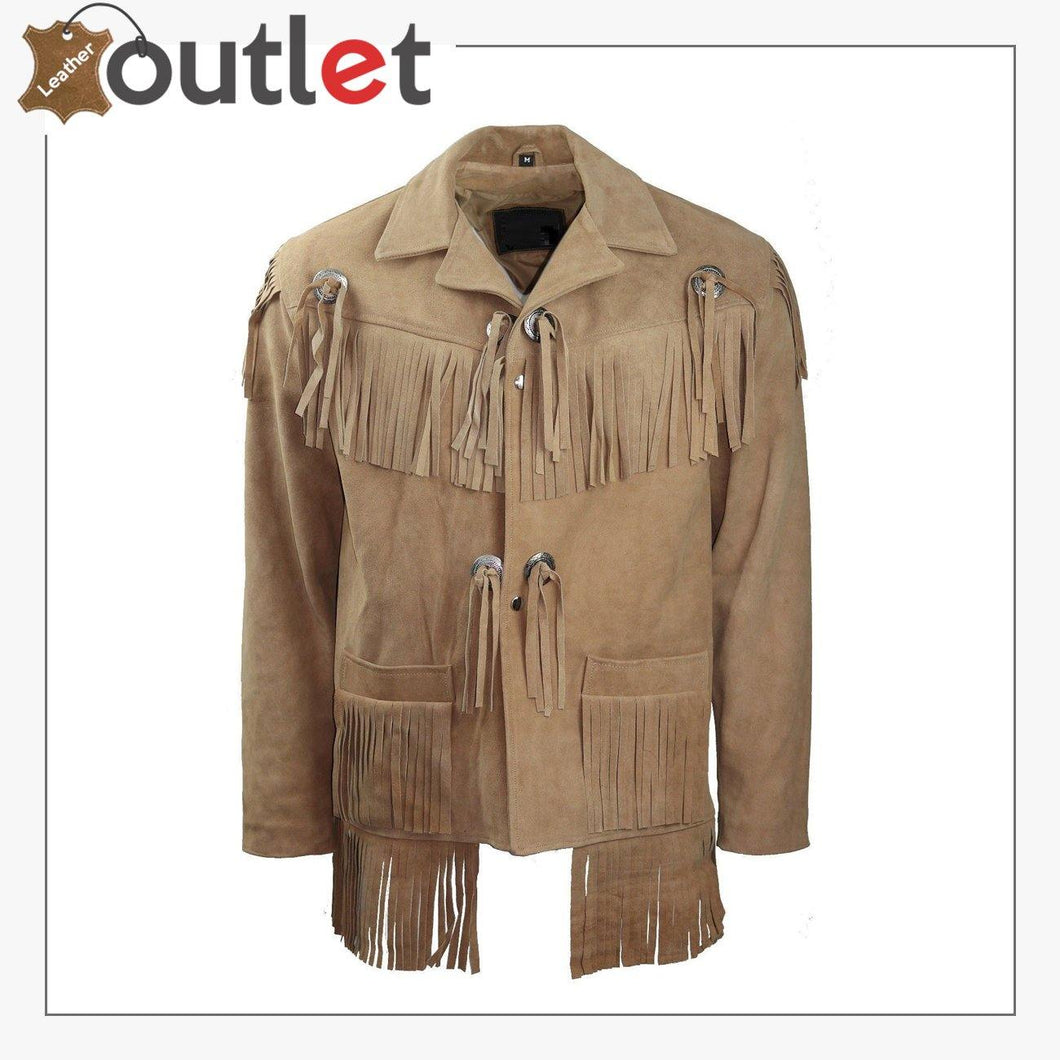 Men's New Beige Western Native American Suede Cow Leather Jacket - Leather Outlet