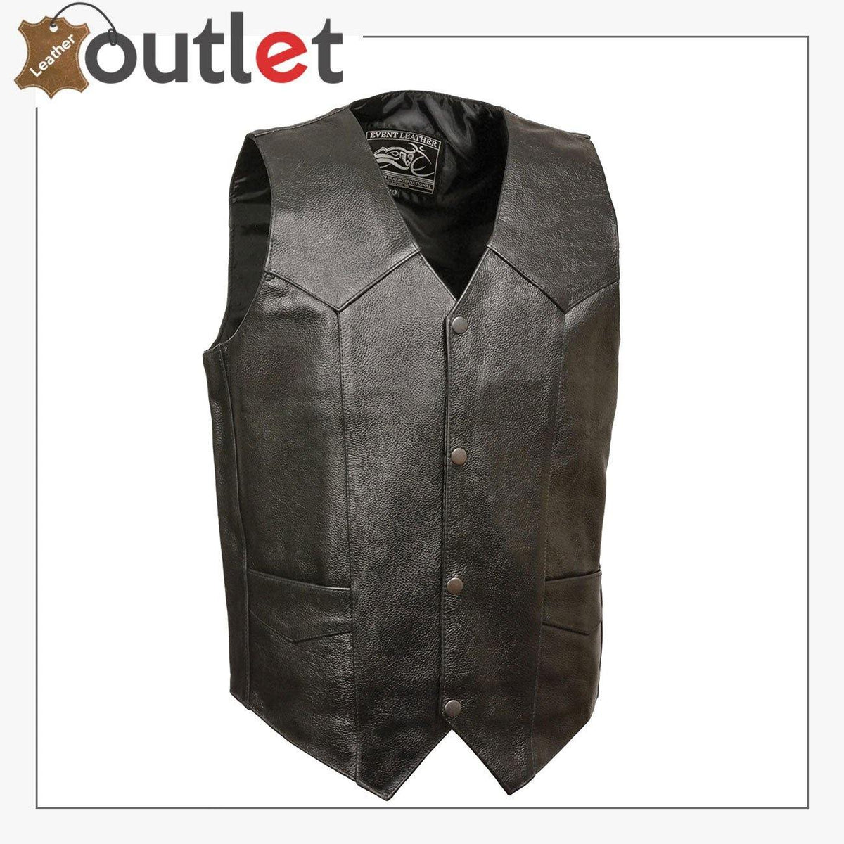 Brown western style leather vest for men with snap front and pointed yokes